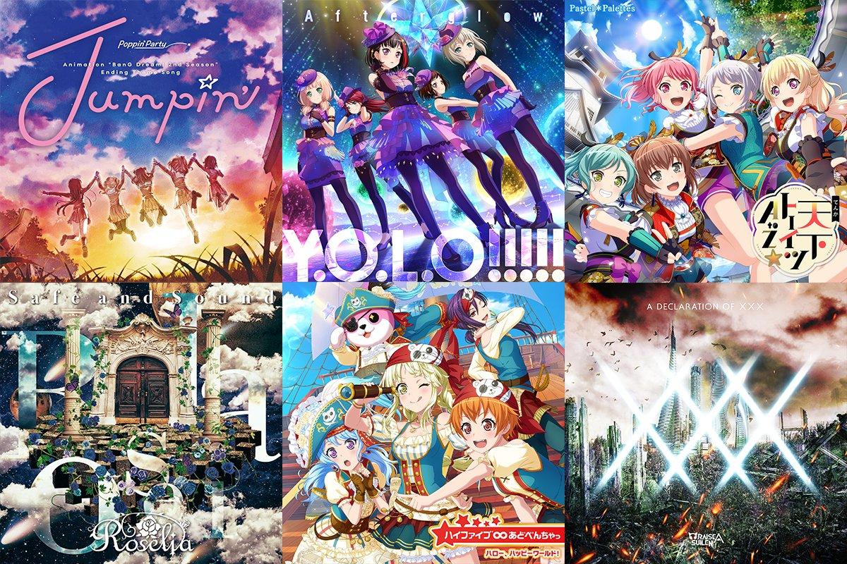 Bang Dream Updates We Have 6 Singles Being Released Simultaneously Today Poppin Party 13th Jumpin Afterglow 4th Y O L O Pastel Palettes 4th Tenka Toitsu A To Z Roselia 8th Safe And Sound Hhw