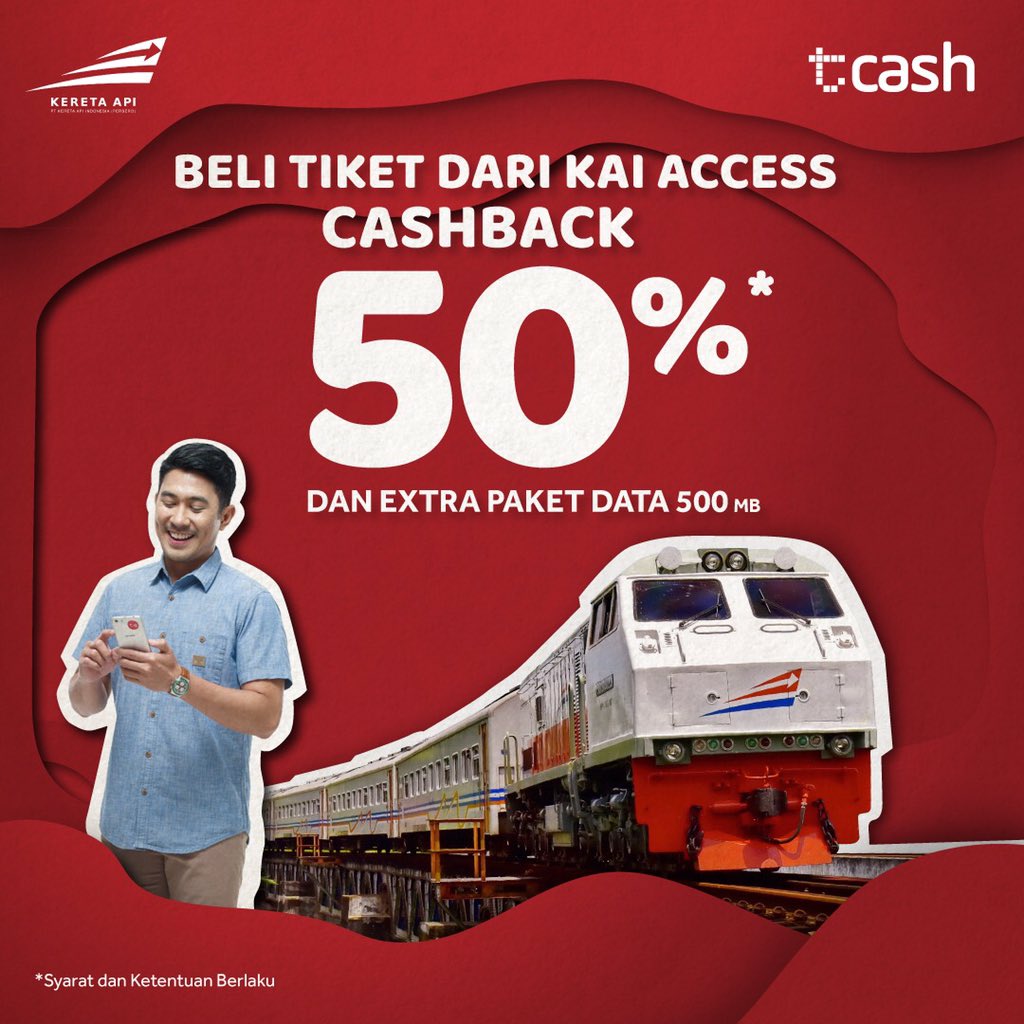 linkaja's tweet image. YEAY! Jalan-jalan lebih mudah dengan Kereta Api Indonesia. Dapatkan instant cashback 50% dan ekstra paket Data 500MB (berlaku 3 hari) untuk transaksi #pakeTCASH di aplikasi KAI Access. S&amp;amp;K berlaku. Info selengkapnya: tsel.me/promotwt