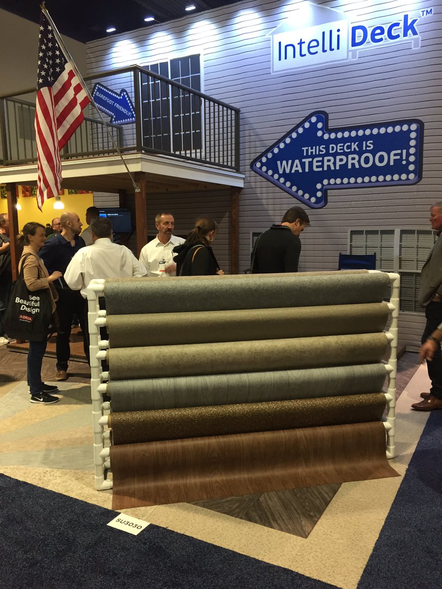 mgbeirne's tweet image. Deck on a roll by Intellideck. Waterproof membrane in wood grain colors. 3/4” plywood or concrete suggested underlayment #ibs2019 @ibs2019 #pbsv