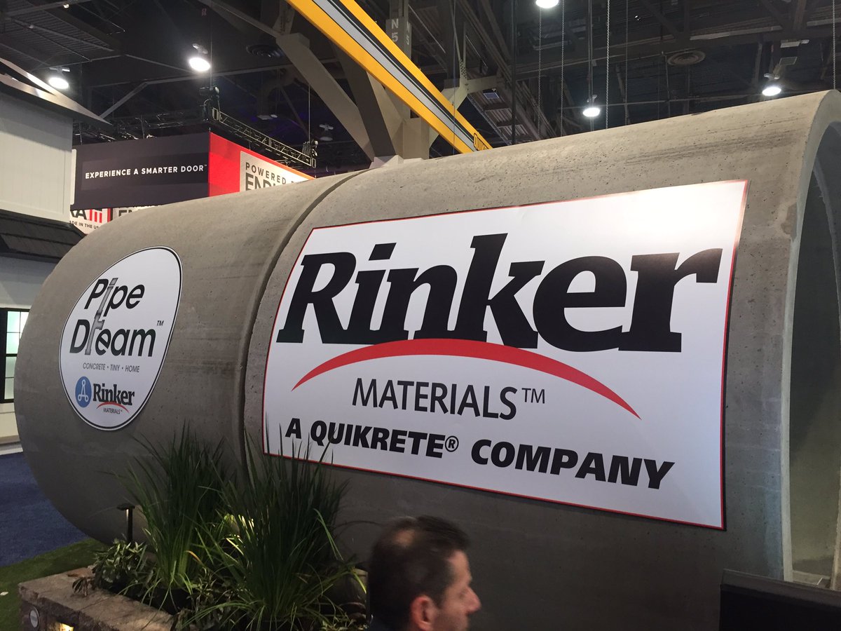 mgbeirne's tweet image. Tiny house made from 8’ concrete storm drain at the Quikrete booth. Shower, toilet,  bed and desk space inside. #ibs2019 #pbsv #rinkerpipedream