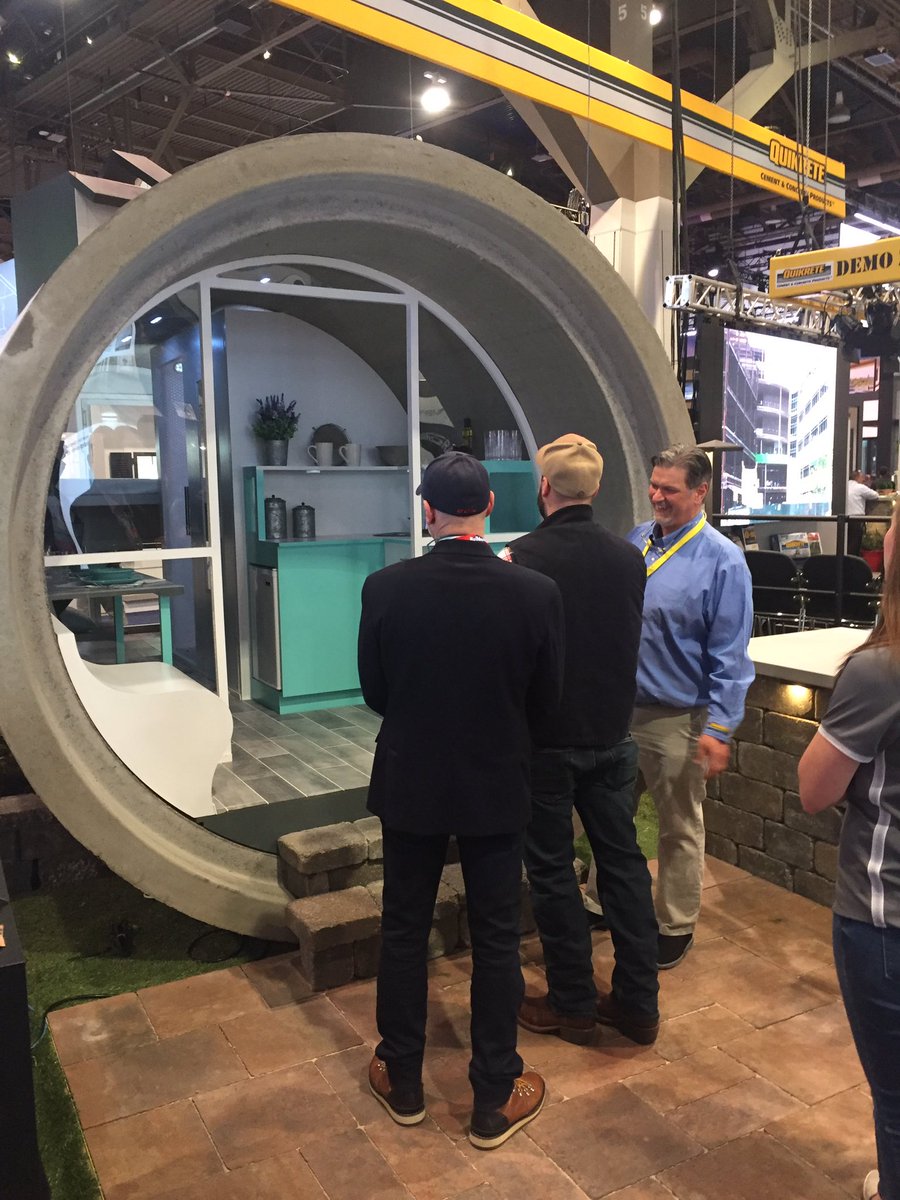 mgbeirne's tweet image. Tiny house made from 8’ concrete storm drain at the Quikrete booth. Shower, toilet,  bed and desk space inside. #ibs2019 #pbsv #rinkerpipedream