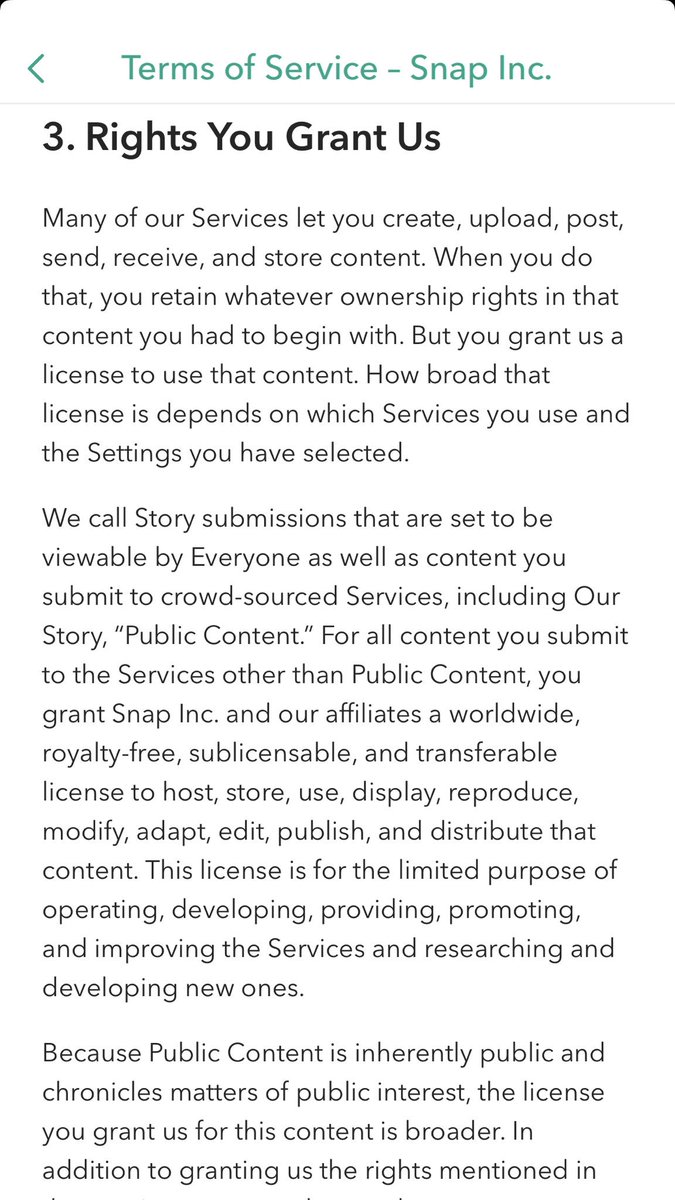 Kickinitwtone's tweet image. I posted Snapchats new terms of service on my story and it got taken down immediately. Read and stay woke, social media is nice but at what costs? How many more rights will we blindly give away for this.