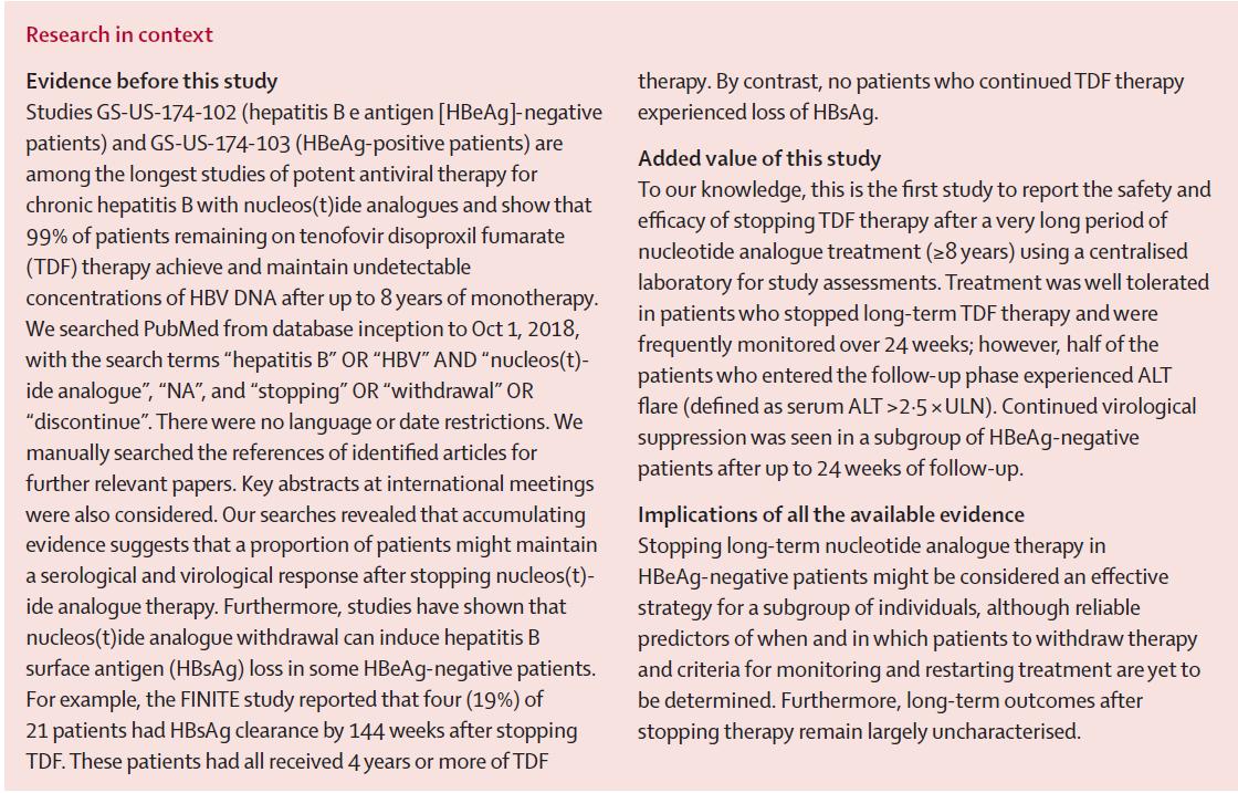 New online: Safety and efficacy of stopping tenofovir disoproxil fumarate in patients with chronic hepatitis B following at least 8 years of therapy: a prespecified follow-up analysis of two randomised trials - thelancet.com/journals/langa… #hepB
