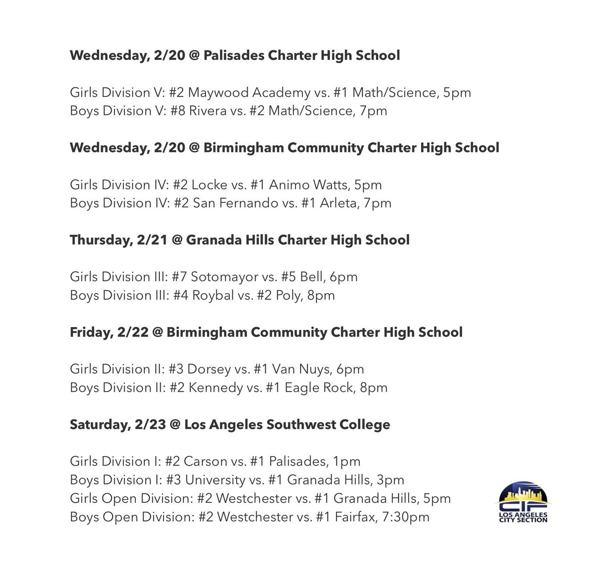 renelopez19's tweet photo. Basketball: @CIFLACS Updated Schedule For All 12 Championship Games.
Tickets Can Now Be Purchased Online At - https://t.co/y9ByxKjjwu
@CIFState Playoff Brackets Will Be Announced On Selection Sunday, February 24.
#RingSZN #CompetitiveEquity https://t.co/Eq8ygGgcZY