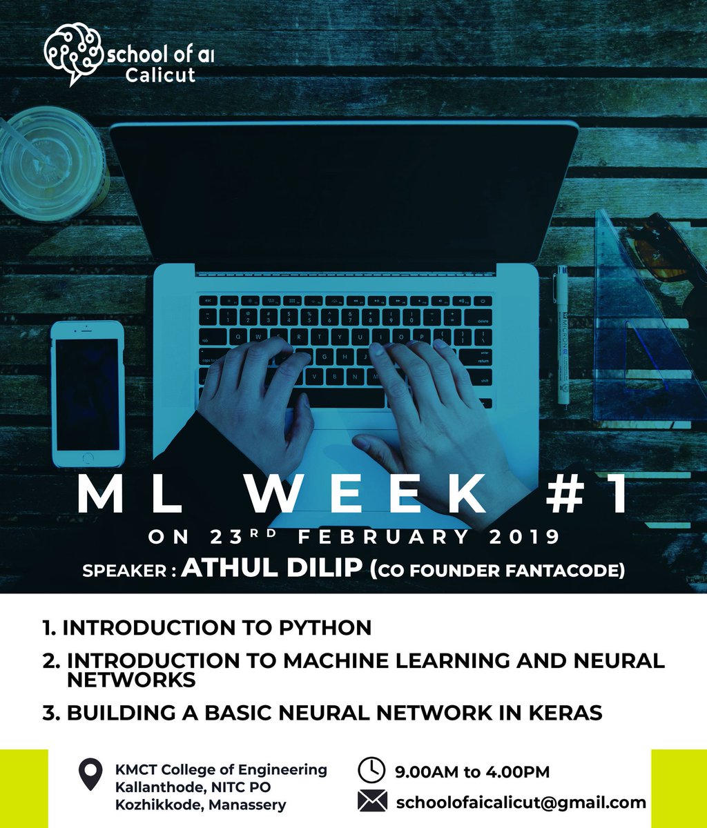 Even though the future seems far away, it is actually beginning right now.....
Bonjour people....
*SOAI Calicut* a learning community, brings its first and foremost event of its series...
ML week 1 by *Athul Dilip*

Registration Link:
bit.ly/soaicalicut_ml…