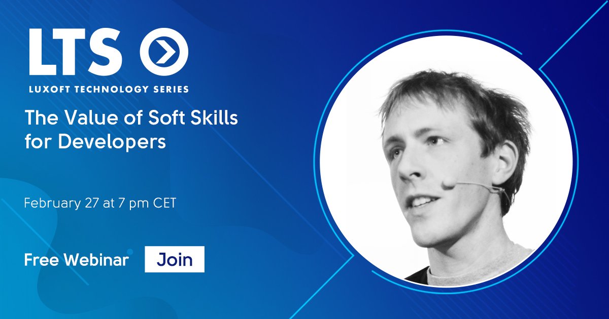 luxoft's tweet image. Are soft skills really important for software developers? How can they help you in programming? Join a free webinar led by prominent IT speaker Hanno Embregts, and find out the true value of soft skills for developers. Register now: career.luxoft.com/lts-luxoft-tec…