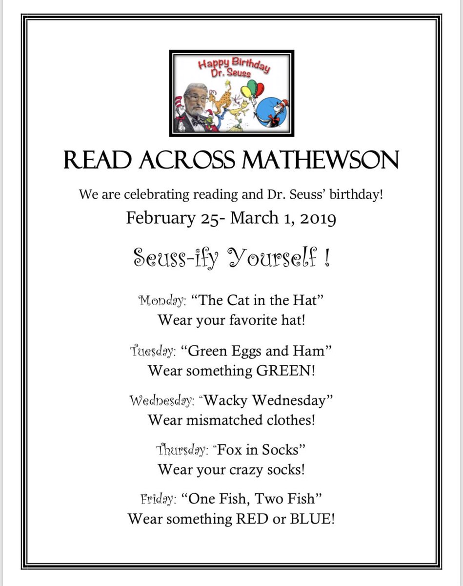MathewsonPta's tweet photo. Bulldogs get ready to “Seussify” yourself next week as Mathewson celebrates a week of reading and Dr. Seuss’ birthday! Each day we will celebrate his unique style!
#readacrossmathewson #readacrossamerica #drseussbirthday #seussifyyourself #mathewsonpta https://t.co/yrTVPzPJJE