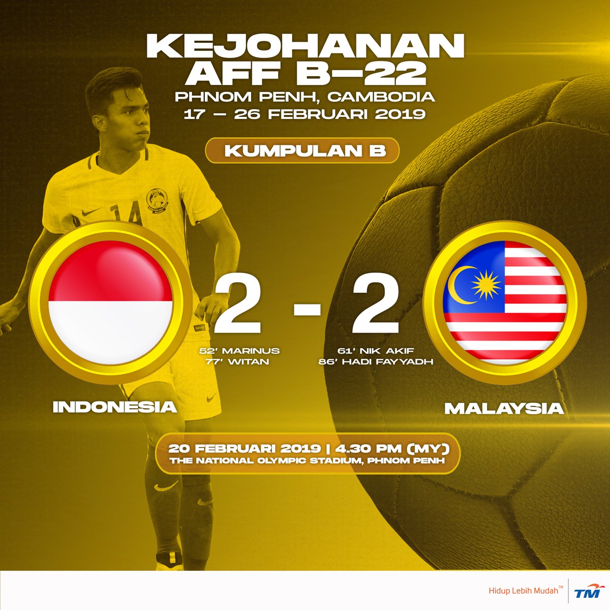 Gol Hadi Fayyadh membuka peluang #HarimauMalaya B-22 untuk melayakkan diri ke peringkat separuh akhir! Misi wajib menang ke atas #MYA 🇲🇲 selepas ini. 💪🏻 Banyak lagi yang perlu diperbaiki daripada perlawanan ini. #IDNvMAS #AFFU22 #KamiTeamMalaysia