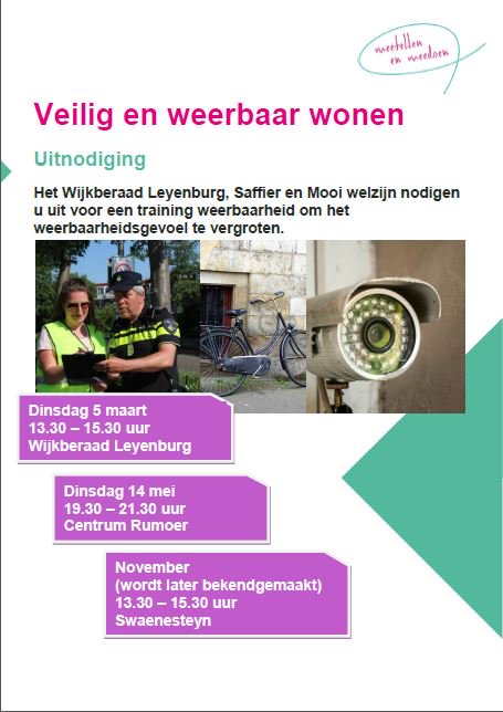 Wilt u zich weerbaarder en veiliger voelen thuis en op straat? Meldt u dan aan voor de training 'veilig en weerbaar wonen'! 5 maart bij het <a href="/Wijkberaad/">Wijkberaad Leyenburg</a>! #preventie #veiligheid @MOOIwelzijn @MLeyenburg <a href="/SaffierGroep/">Saffier</a> @WagLeyenburg <a href="/BptLeyenburg/">BPT_Leyenburg</a>