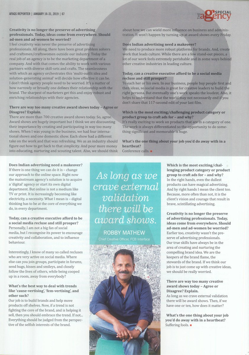 FCBInterface's tweet photo. 'As long as we crave external validation, there will be award shows' says Robby Mathew, CCO, #FCBInterface, who recently featured in the @afaqs!Reporter. #FCBInterfaceFeatures @robbymathew https://t.co/K8c5QUtuYP