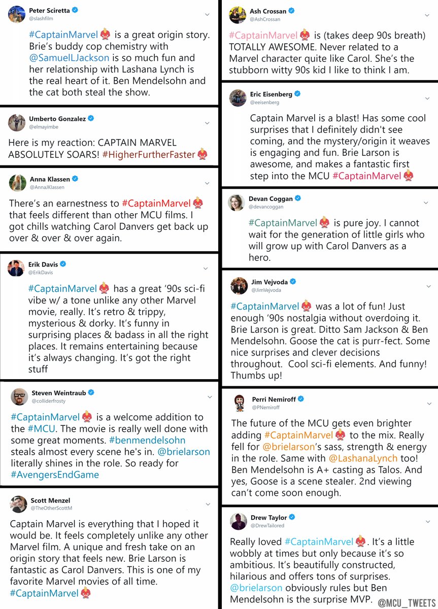 The initial critic reactions to #CaptainMarvel are near-universally very positive, with many praising it's origin story, tone, and characters!