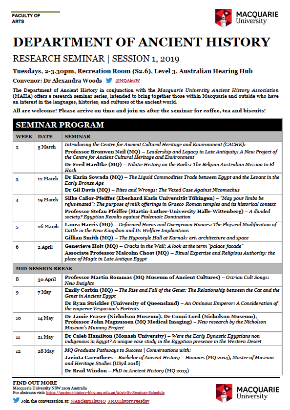 AncientHistMQ's tweet photo. We are excited to announce the MQ #AncientHistory #Research Seminar for Session 1 2019! Talks will be held on a Tuesday 2-3.30pm in the Rec Room (Level 3) of the Australian Hearing Hub @Macquarie_Uni All are welcome!! #MQHistoryTuesday #seeyouthere https://t.co/ygnQcS6XhF