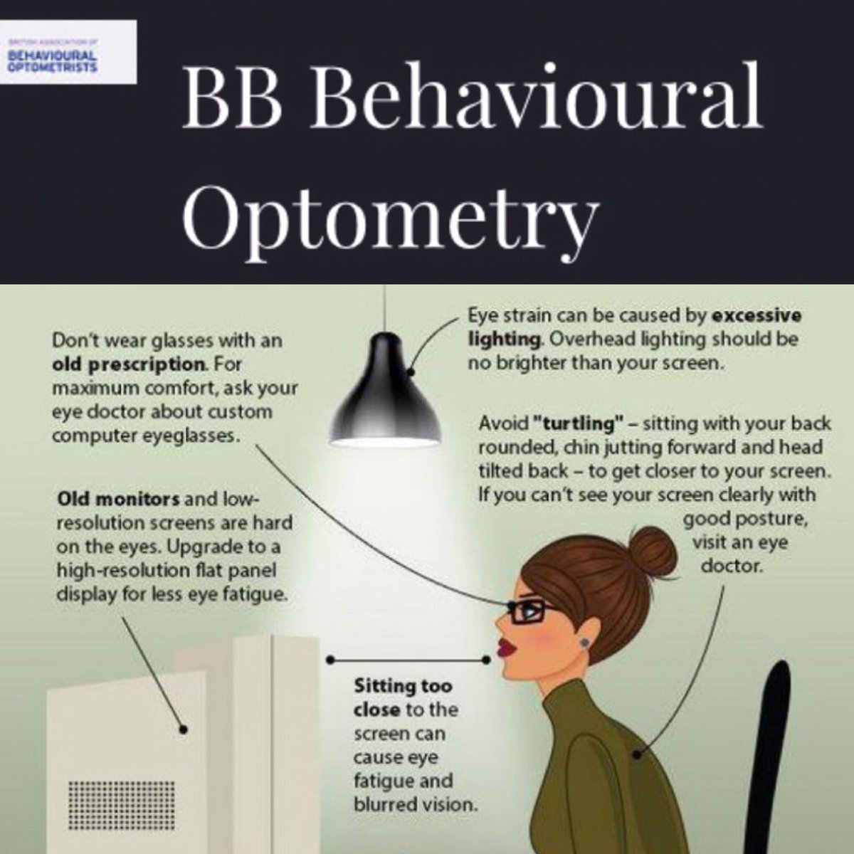 BbOptometry's tweet photo. 👀Having good #visualhygiene is important to maintaining clear and comfortable #vision .
Reduce #stress on your #visualsystem during common day-to-day activities such as #reading and #computer use 👀. #optometrist #behaviouraloptometrist #healthyeyesarehappyeyes @BbOptometry https://t.co/O9gaTnQHEB