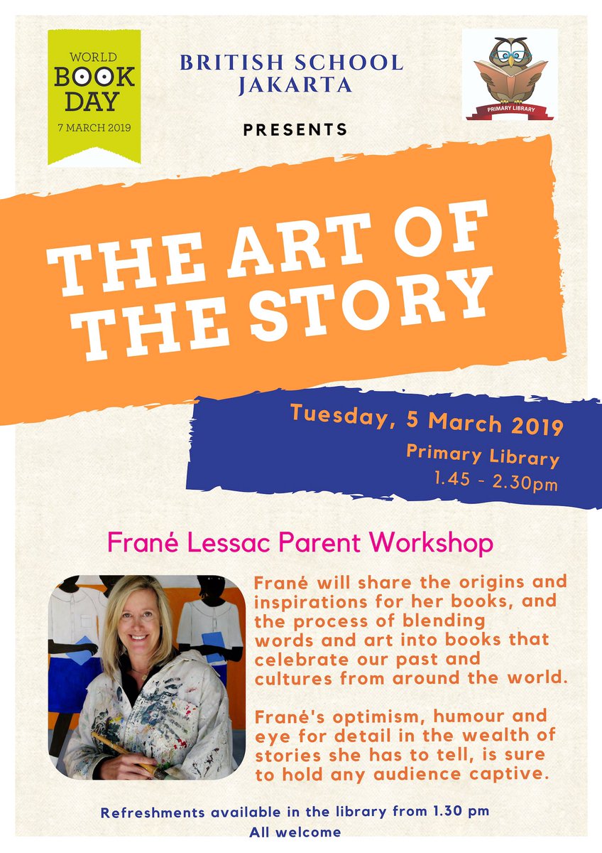 BSJlibraries's tweet photo. Join us for an interesting session with our visiting authors to celebrate #worldbookday2019. All parents are welcome to attend! #bsjbytes https://t.co/vNdXmbUMDk