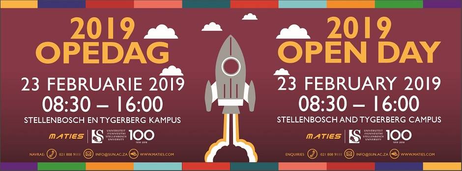 Research at Stellenbosch University (@matiesresearch) on Twitter photo #Reminder
<a href="/StellenboschUni/">Stellenbosch University</a> will have its open day at both the Stellenbosch and Tygerberg campuses this weekend.
Date: Saturday, 23 February 2019
Time: 08:30-16:00
For more information visit maties.com. #Reminder
<a href="/StellenboschUni/">Stellenbosch University</a> will have its open day at both the Stellenbosch and Tygerberg campuses this weekend.
Date: Saturday, 23 February 2019
Time: 08:30-16:00
For more information visit maties.com.