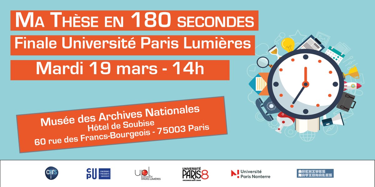 [#MT180]
Expliquer son projet de #recherche en 3 min ? Nos 10 doctorants <a href="/UParisNanterre/">Université Paris Nanterre</a>
et <a href="/UnivParis8/">Université Paris 8</a> vont relever le défi 📅 mardi 19 mars à 14h aux <a href="/ArchivesnatFr/">Archives nationales de France</a> !

🖱 Entrée libre - inscription obligatoire 👉 bit.ly/2BJ1Kax

<a href="/MT180FR/">MT180</a>