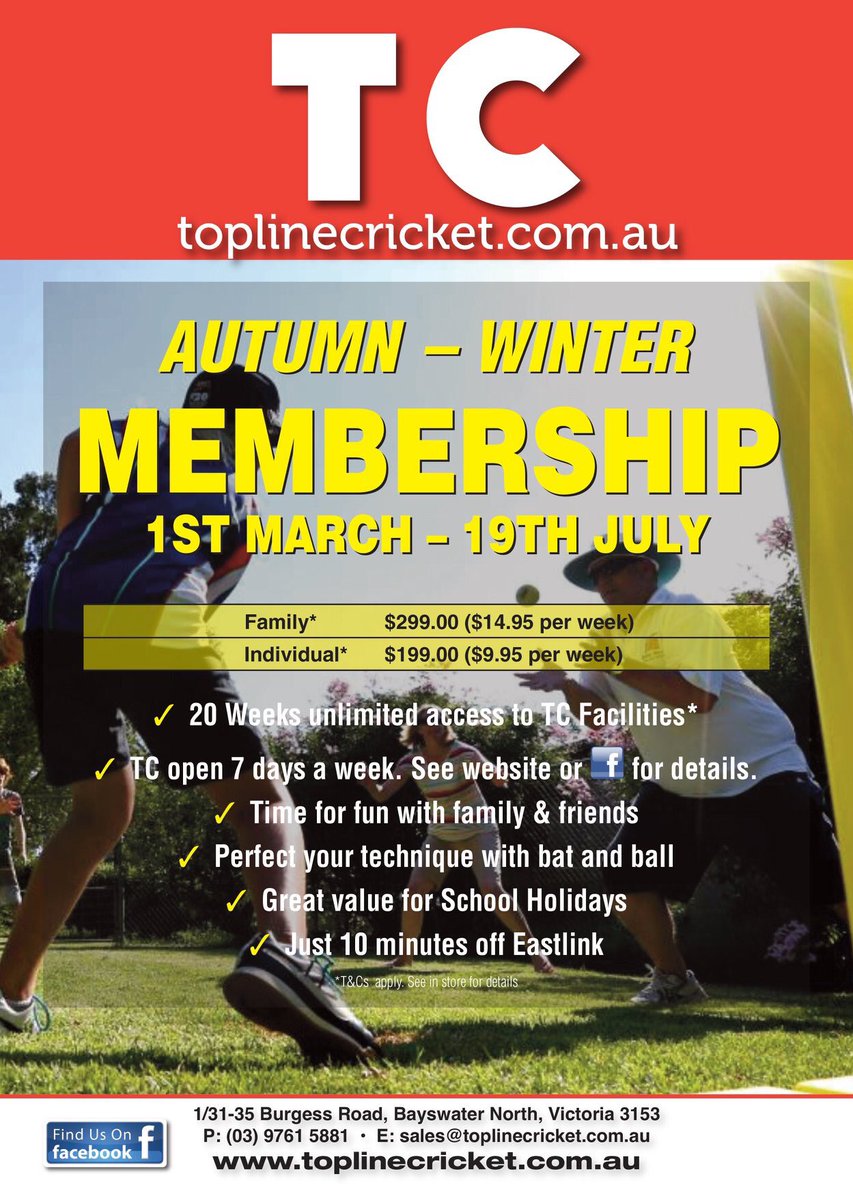 TC'S Famous AW MEMBERSHIP is back for 2019! Our flyer says it all.
Just the best value cricket membership package for Individuals and Families.