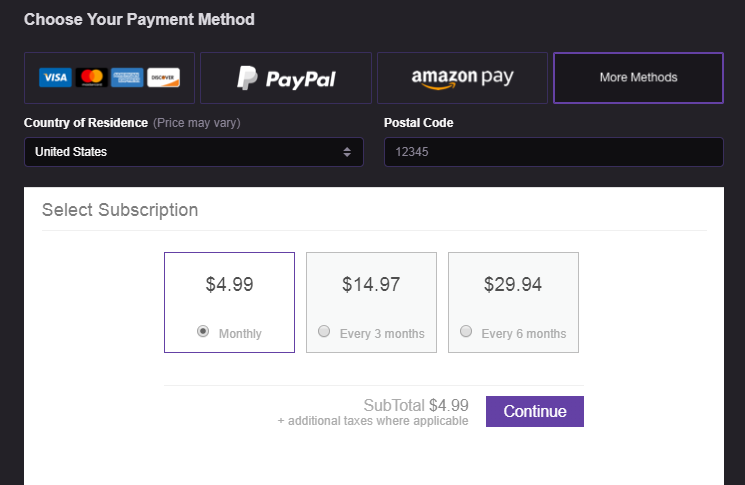 MarkCrumbz's tweet photo. Right, I saw someone ask if you could sub for more than one month at a time, and this is how you can set it up to do 3 or 6 month auto renews, pay the entire fee in one go and let it roll over each time. 

Click subscribe, go to "More Methods" and boom it shows up right there. https://t.co/C2ZSKeEkEl
