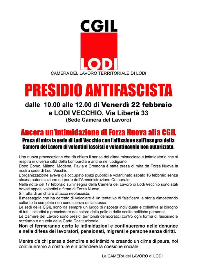 cgil_lodi's tweet photo. Dopo la sede di Lodi Veccio anche la nostra sede di Sant'angelo Lodigiano è stata fatta oggetto di provocazione da parte di Forza Nuova. Volantini neofascisti a loro firma sono stati trovati sulla saracinesca della Camera del Lavoro. Centinaia sono gli attestati di solidarietà. https://t.co/iKymbhN96t