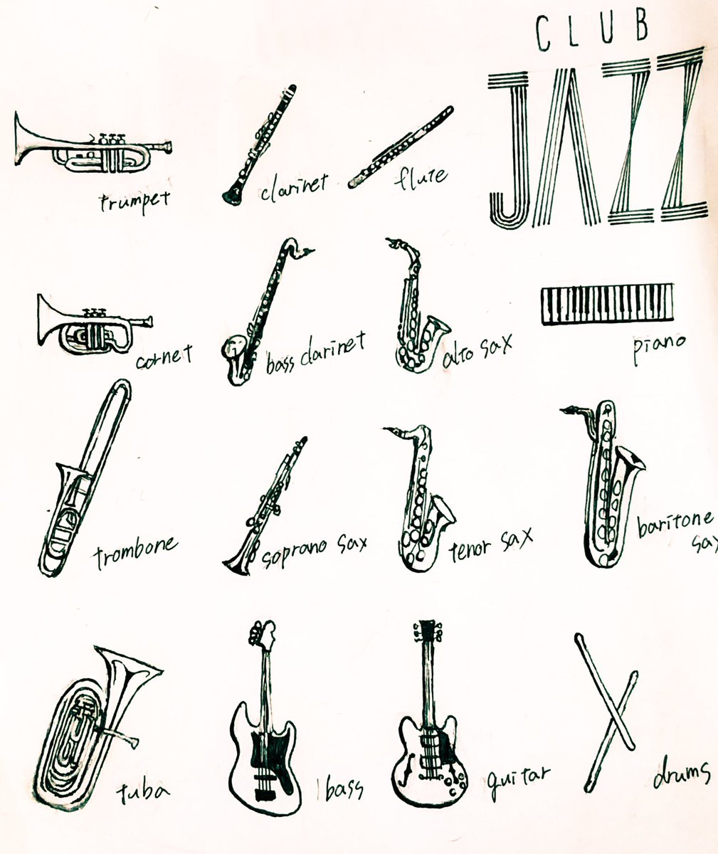 さとり Jazz 吹奏楽も少し で使う 楽器のイラストを描いてみました ペン画 絵 T Co Q8kqbyippe Twitter