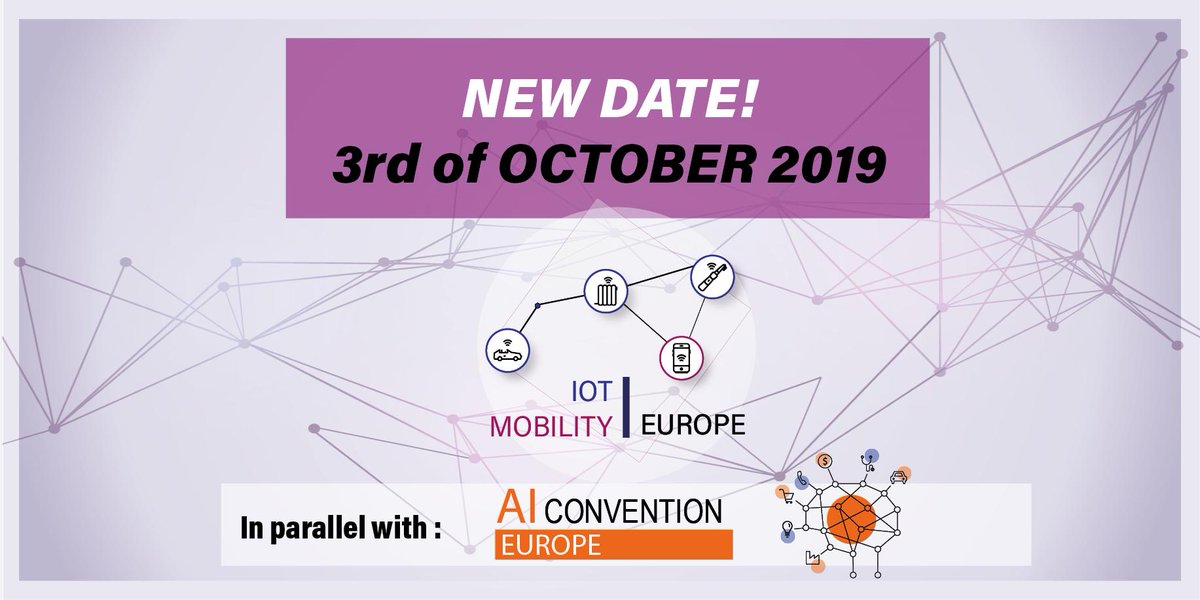 IoT_Mobility_EU's tweet photo. *NEWS* 
Samle place, same thing but different date!
IoT Mobility EUROPE is moved to the 3rd of October! It will be jointly organised with the  @ai_convention. See you at Event Lounge, until then come back here regularly to check out for updates!
#Brussels #IoT #Mobility #AI https://t.co/wXdewxCXcE