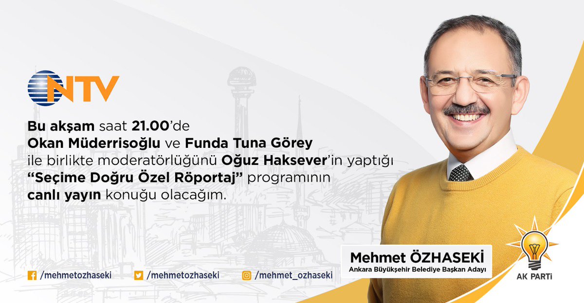mehmetozhaseki's tweet photo. Bu akşam saat 21.00’de @ntv ekranlarında Okan Müderrisoğlu ve Funda Tuna Görey ile birlikte moderatörlüğünü Oğuz Haksever’in yaptığı “Seçime Doğru Özel Röportaj” programının canlı yayın konuğu olacağım.

#MemleketİşiGönülİşi
#İşinÖzüHasekiSözü https://t.co/QeQi1EZhQw
