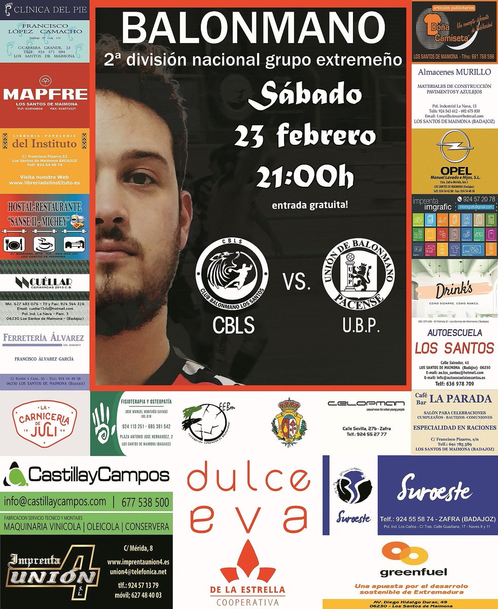 🤾#BALONMANO #Liga #2ªNacionalMasculina 
<a href="/fexbm/">Federación Extremeña de Balonmano</a> <a href="/LA_UBP/">Unión Bm. Pacense</a>
🏆 Liga. Jornada 16. 2ª División Nacional
📌 Categoría Sénior Masculino
🗓️ Sábado 23/02/2019
⏱️ 21:00h.
🏐CBLS 🆚 Unión Balonmano Pacense
🏟 Pabellón Antonio Martínez.