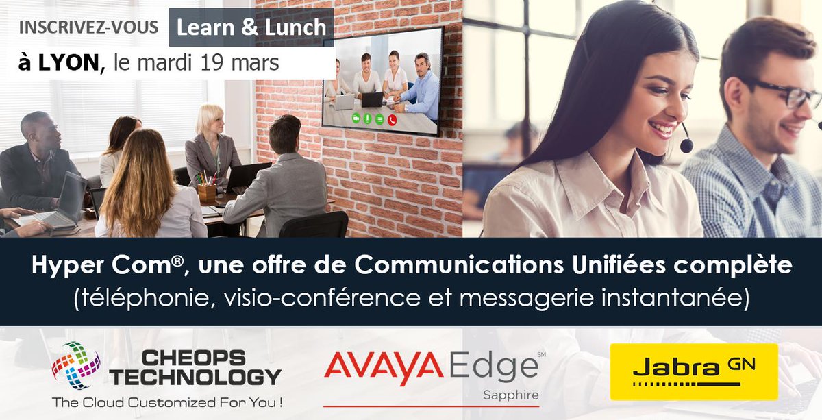 CheopsTechno's tweet photo. TDF Hyper Com® ! RDV au Marriott Hotel Cité Internationale, le 19/03 pour un Learn & Lunch dédié aux Communications Unifiées (téléphonie, visio-conférence et messagerie instantanée)
Inscription: https://t.co/F3aFHBeuOx @CheopsTechno @Avaya @Jabra_US #Lyon #LearnandLunch #HyperCom https://t.co/yxVngTlQ51