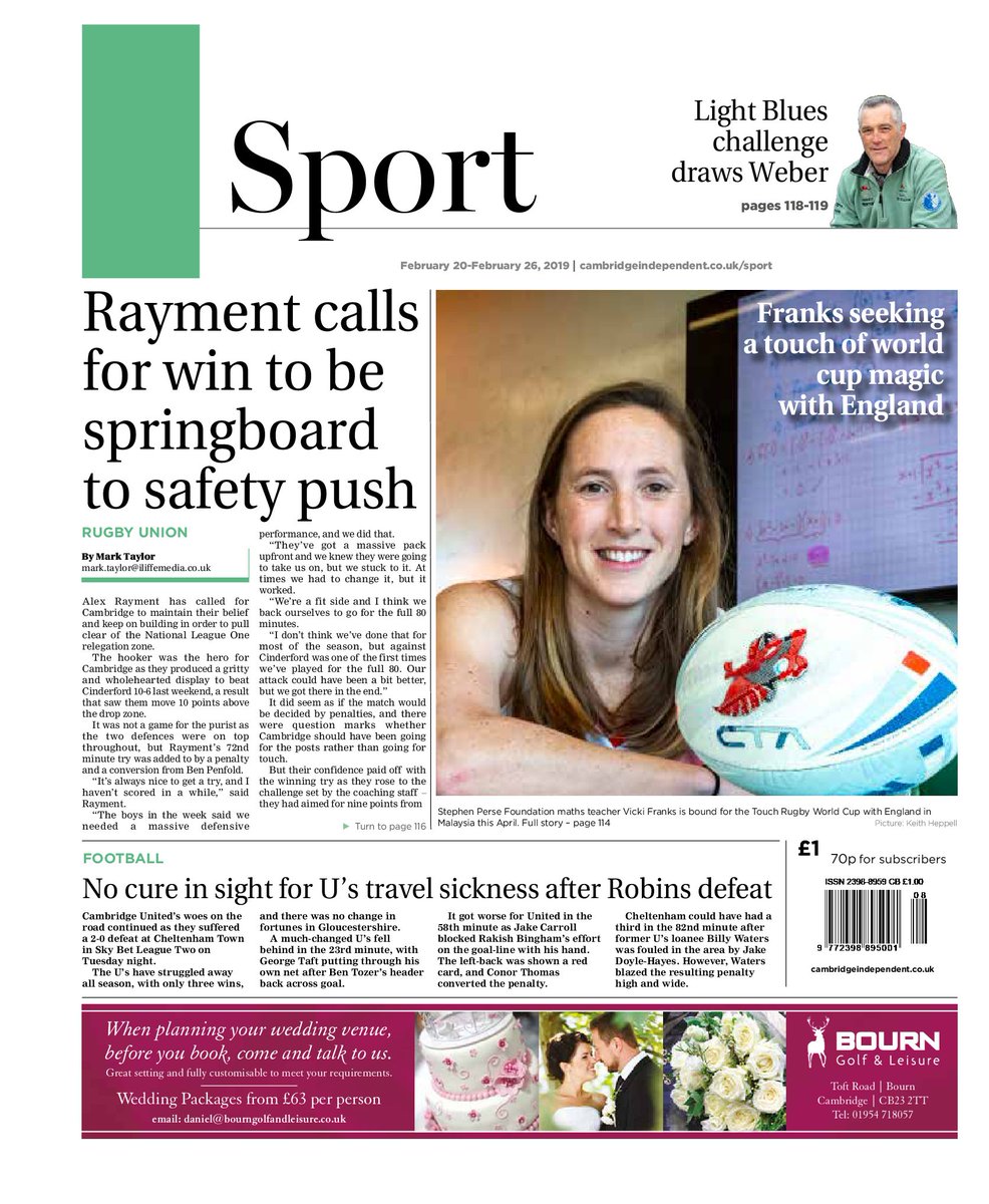 MarkT06's tweet photo. It's a busy week in @CambridgeIndy sport, with a feature on @CUWBC chief coach, a @SPFSchools teacher in the @englandtouch team, @CURUFC captain's end of season review, @Rayment123Alex on @camrufc's win, a title for @cambsouthhc, the latest from @CambridgeUtdFC &amp; much more. https://t.co/eSxkfmK4l8