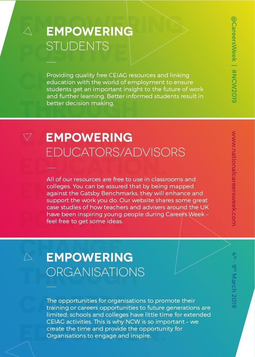 CareersWeek's tweet photo. #NCW2019 is all about empowering others.  

Empowering students.

Empowering educators and advisors.

Empowering organisations.

Empowering positive change through quality #careers 

Get involved this March. 

🗓 4 - 9th March 2019. https://t.co/6lR6e8RHHX