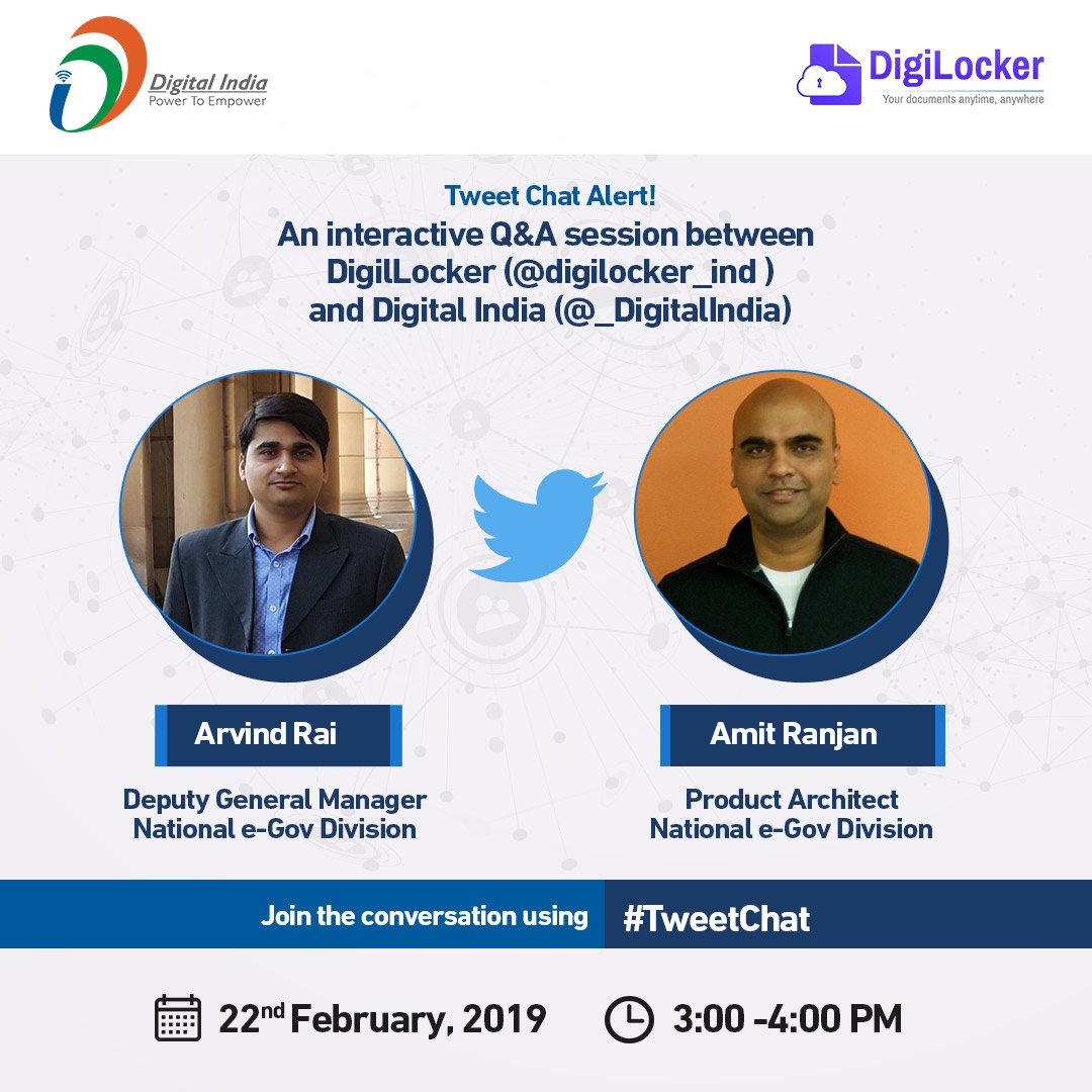 _DigitalIndia's tweet photo. #TweetChatAlert | #DigitalIndia is hosting an interactive session, Live on 22.Feb, 3:00 PM with @digilocker_ind, where experts from #DigiLocker team will respond to Frequently asked Questions (FAQs) pertaining to app.
Stay tuned for more updates! https://t.co/TzOX9DiqZt