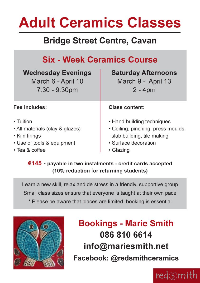 BridgeStCentre's tweet photo. New ceramics courses in The Bridge Street Centre, beginning in March #Cavan #arts #ceramics #classes #courses https://t.co/Jw4ojdXzIW