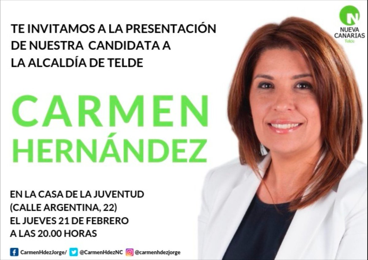 NCTelde's tweet photo. #PorqueTELDEteIMPORTA continúa con la buena senda para la recuperación de #Telde

Ven a conocer mañana el proyecto de nuestra candidata a la Alcaldía, @CarmenHdezNC, para seguir avanzando y consolidar el futuro de nuestra ciudad.

Será a las 20.00 horas en la Casa de la Juventud https://t.co/JBstIsyEY8