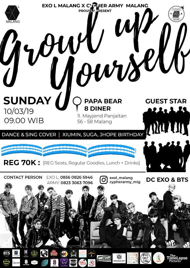 cypherarmy_mlg's tweet photo. FYI!!
Kuota untuk Event Growl Up Yourself udah menipis loh!
VIP already SOLD OUT!
REGULER stock menipis~
Kuy yang belum sempet beli tiketnya, buruan sebelum kehabisan!
For more info:
Contact Person please kindly check on poster ya ^^
#2019NOFANWAR #ARMYEXOL
*kkukku🐰 https://t.co/7nLh2BqAAK