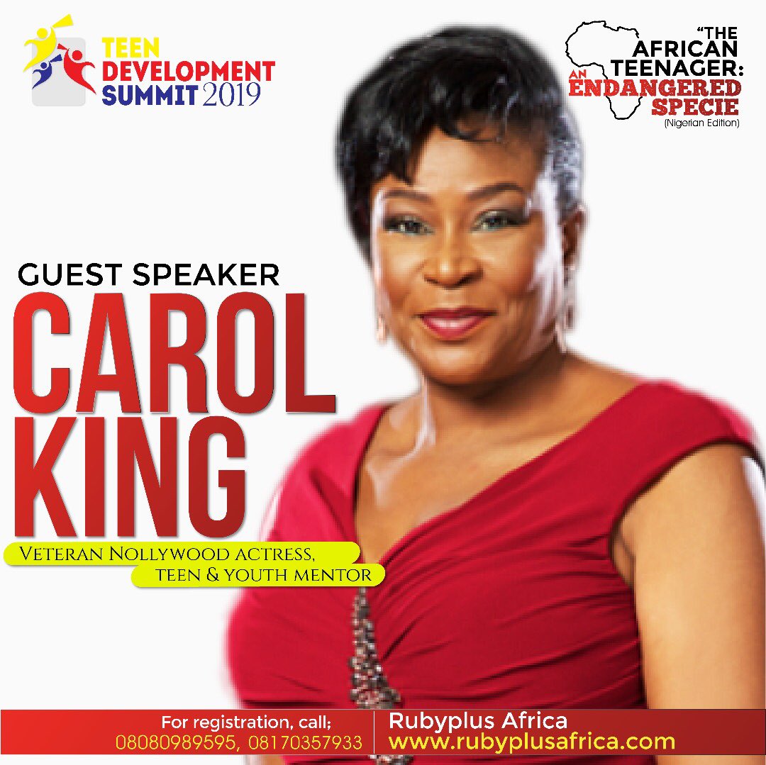 rubyplusafrica's tweet image. We are honoured and excited to announce the Award-winning veteran Nollywood actress, passionate teen and youth mentor, Mrs. Carol King as the Guest speaker at the 2019 Teen Development Summit.

Stay expectant, be prepared and SAVE THE DATE. #RubyplusTDS2019