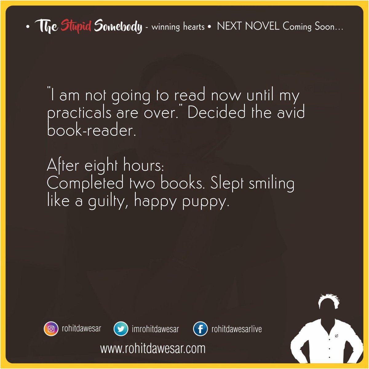 rohitdawesar's tweet photo. 'Avid book reader!'
New NanoTale 😊

P.S: Watch for NanoTales every Wednesday and Sunday. 😍
.
.
#NanoTale #ShortStories
#NoMatterWhat #RohitDawesar #RohitsSecondBook #BookReader #AvidBookReader #ShortStories #Author #RishiMishi #BestSeller #BestsellingAuthor
#LoveLetters https://t.co/CrA7ukdBFM