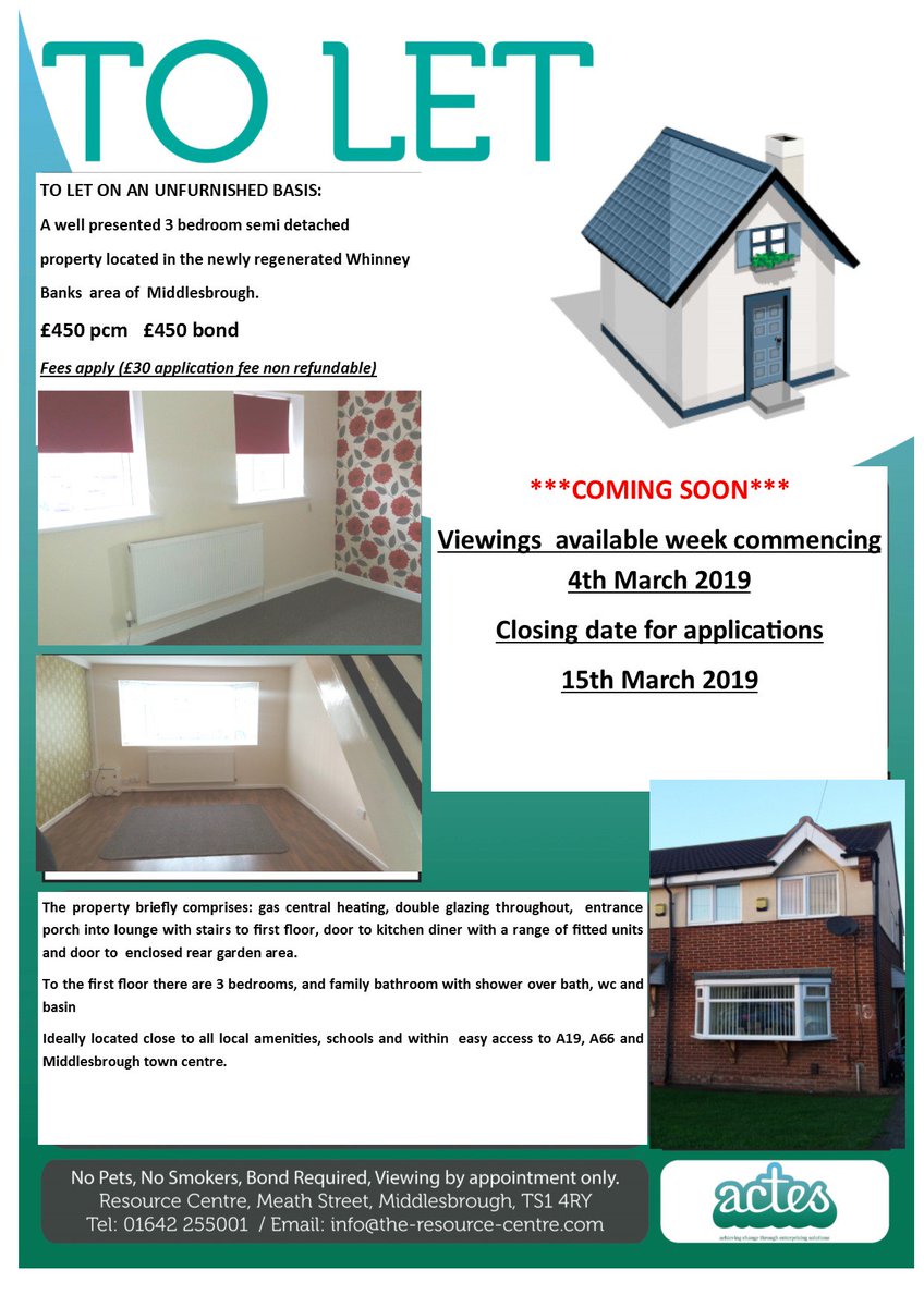 Resourcecntr's tweet image. *** RENTAL PROPERTY AVAILABLE - MIDDLESBROUGH***
Attractive 3-bed rental property located in a newly regenerated area of Whinney Banks available to view from 4th March. £450 per month plus £450 bond.
Call 01642 255001 for further info or to arrange a viewing.