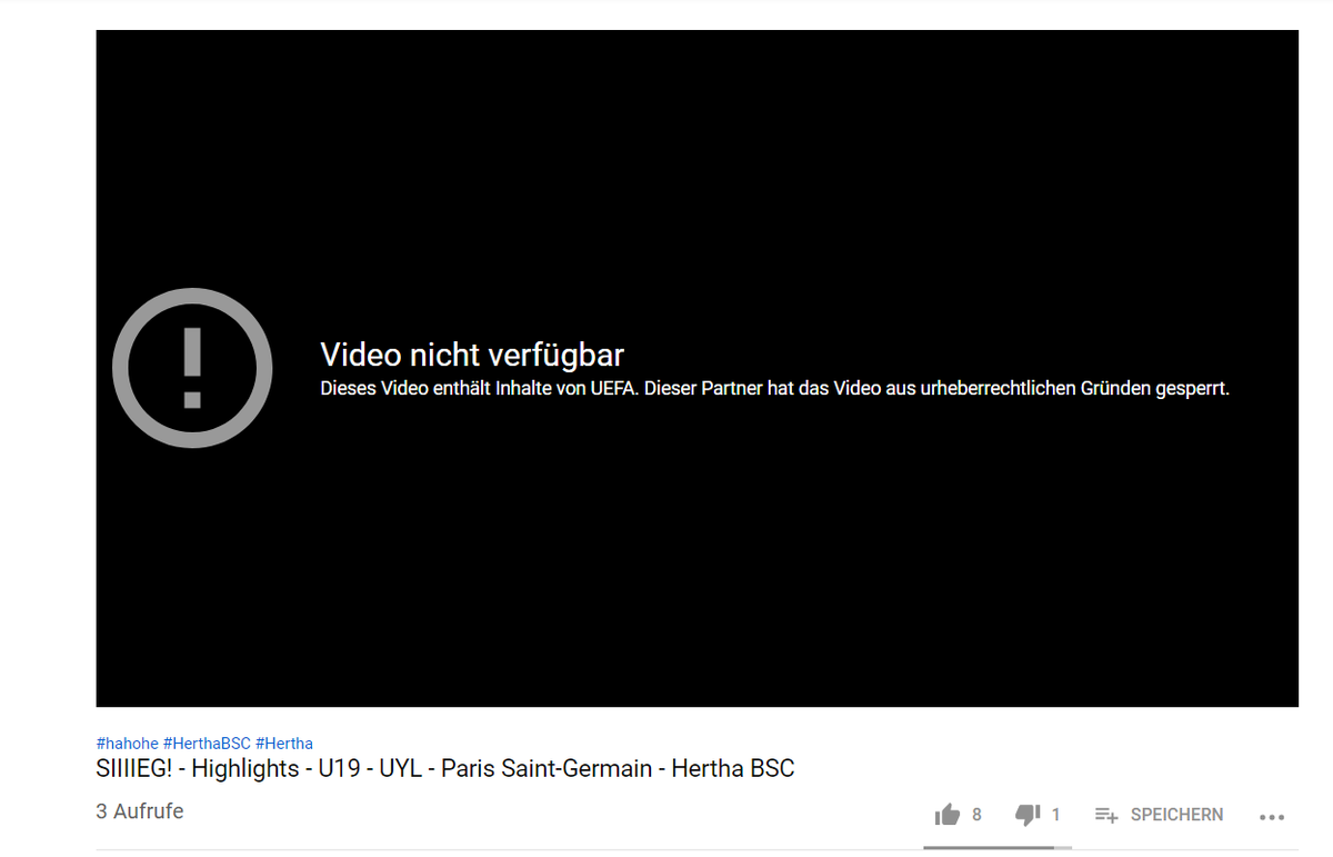 junger_herr_'s tweet photo. Fantastisch, dass die UEFA die Zusammenfassung von @HerthaTV zu #BSCPSG in der #YouthLeague aus Urheberrechtsverletzung gesperrt hat. #hahohe https://t.co/ZwhqAULpve