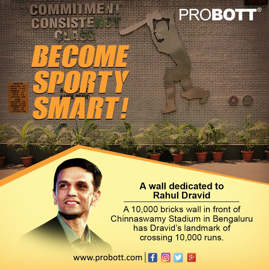 ProbottIndia's tweet photo. #RahulDravid had total runs which halted at 13,288 after he retired. But, when he crossed 10,000 runs the wall was build as a sign of his #victory which was inaugurated by #SachinTendulkar.
#Probott helps you to acquire impressive #knowledge about #sports legend. https://t.co/8AZok69Xja