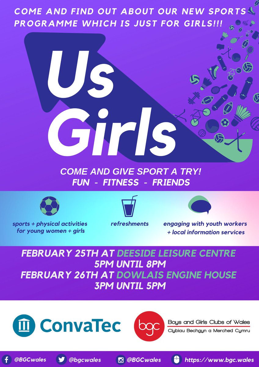 Hey GIRLS out there!🙋‍♀️ Any plans for next Monday/Tuesday? Come &amp; visit our FREE launch events for our new programme US GIRLS! 
North Wales Monday the 25th of Feb:
📍DEESIDE LEISURE CENTRE ⏰5PM UNTIL 8PM
South Wales Tuesday the 26th of Feb:
📍DOWLAIS ENGINE HOUSE ⏰3PM UNTIL 5PM