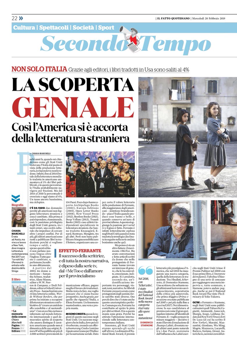 nneditore's tweet image. Stamattina sul @fattoquotidiano Chiara Marchelli fa il punto su una domanda che ci interessa molto: quanto è diffusa la letteratura italiana in America?

Risposta: oggi un po' più di ieri. Soprattutto grazie alla Ferrante, ma non solo: pare ci sia proprio molta curiosità.