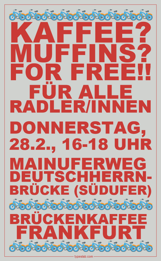 JuliaKrohmer's tweet photo. Der #Brückenkaffee in #Frankfurt geht in die nächste Runde, diesmal am 28.2., 16 - 18 Uhr, Mainuferweg UNTER der Deutschherrnbrücke (Sachsenhäuser Seite). 
Frühling. Gebäck, Kaffee und nette Gespräche für alle Radlerinnen und Radler! https://t.co/7oX4tLDqfK