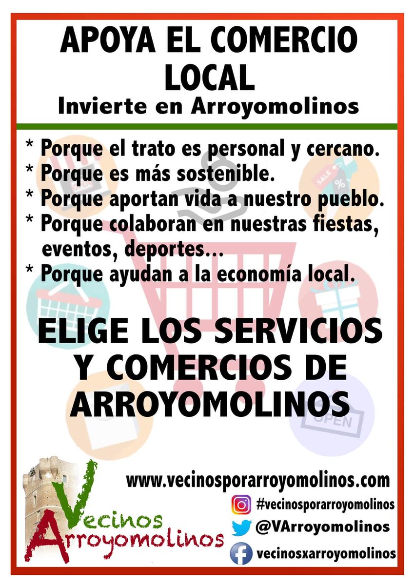 VArroyomolinos's tweet photo. En #VecinosporArroyomolinos apostamos por el comercio y servicios locales de Arroyomolinos, queremos hacerles sentir nuestro apoyo porque ellos son el motor de nuestro pueblo! #JuntosconstruimosArroyomolinos #Lomejorestáporvenir #Libresdeataduras https://t.co/myhF7nACog