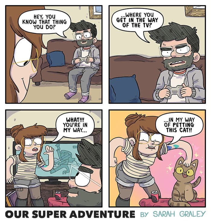 BBR_Podcast's tweet photo. It's time for a #recrun! Where we let you know what we recommended on the episode, what inspires us to create heroes!
First: Dean's choice is My Super Adventure by @sarahgraleyart. A simple autobio comic about your typical family: two sweet dweebs in love and their four cats. https://t.co/F54TS9mqke