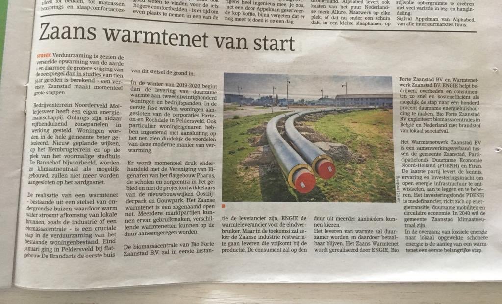 Voor wie geen abonnement heeft op de regionale krant:  warmtenet in ⁦<a href="/GemZaanstad/">Gemeente Zaanstad</a>⁩ van start.
