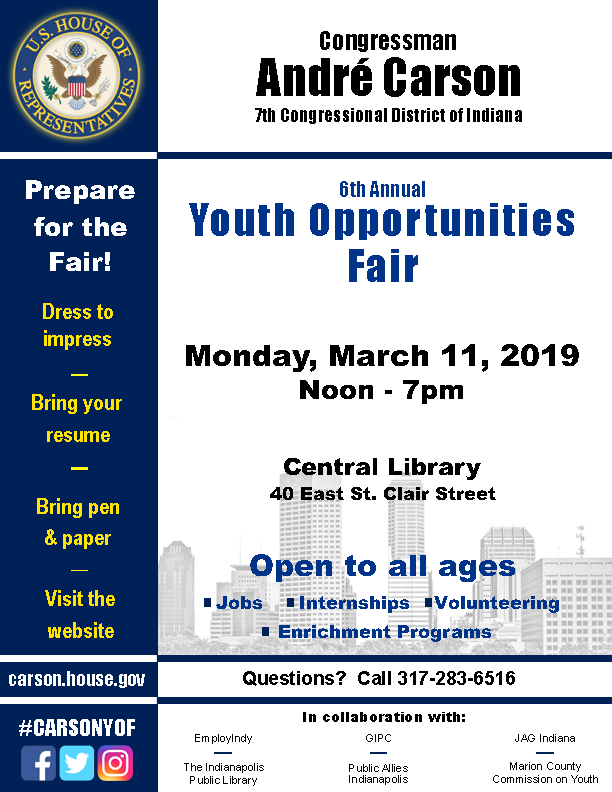 MCCOYouth's tweet photo. Calling all youth! Join us at Congressman Carson's Youth Opportunities Fair on Monday, March 11 from 12 p.m. to 7 p.m.! If you're looking for jobs, internships, volunteering, and enrichment programs, this is the place to go! Don't forget your resume! #CarsonYOF https://t.co/WR6WCPs3NS