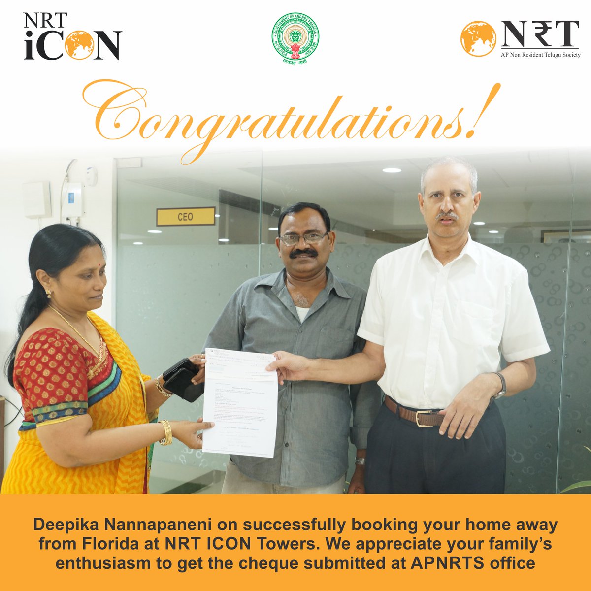 apnrtsofficial's tweet photo. Congratulations to Deepika Nannapaneni on successfully booking your home away from florida at NRT iCON Towers.We appreciate your family's enthusiasm to get the cheque submitted at APNRTS office 
#APNRT #NRTiCON #NRTiCONBookings #Amaravati #WelcomeToNRTiCON https://t.co/7tBHtBPw8v