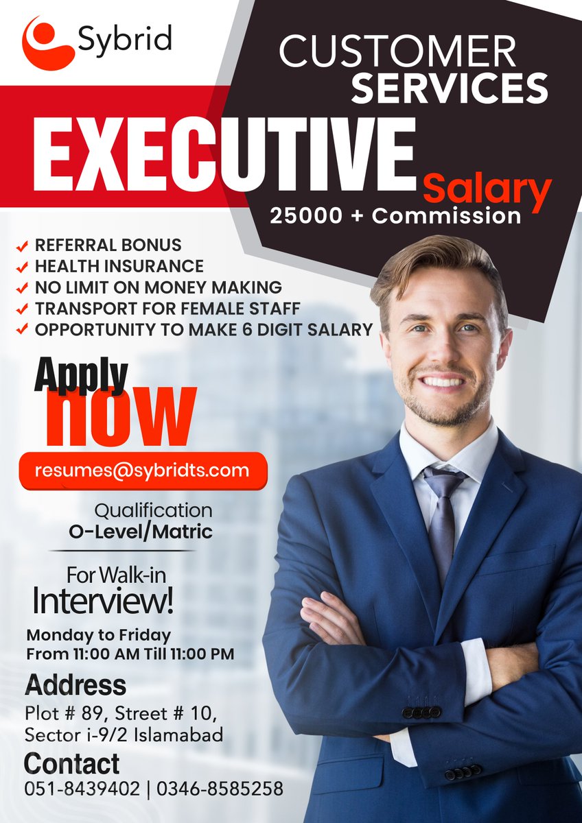 sybridpvtltd's tweet photo. We are Conducting Walk-In Interviews for Customer Service Executives position for our Islamabad office. 

Come for Walk-In Interview in Between 11:00AM to 11:00PM From Monday to Friday
Location: Islamabad Office
Package: 25,000 Salary + Commission + Other benefits

#jobseekers https://t.co/ANF3uuEAv9