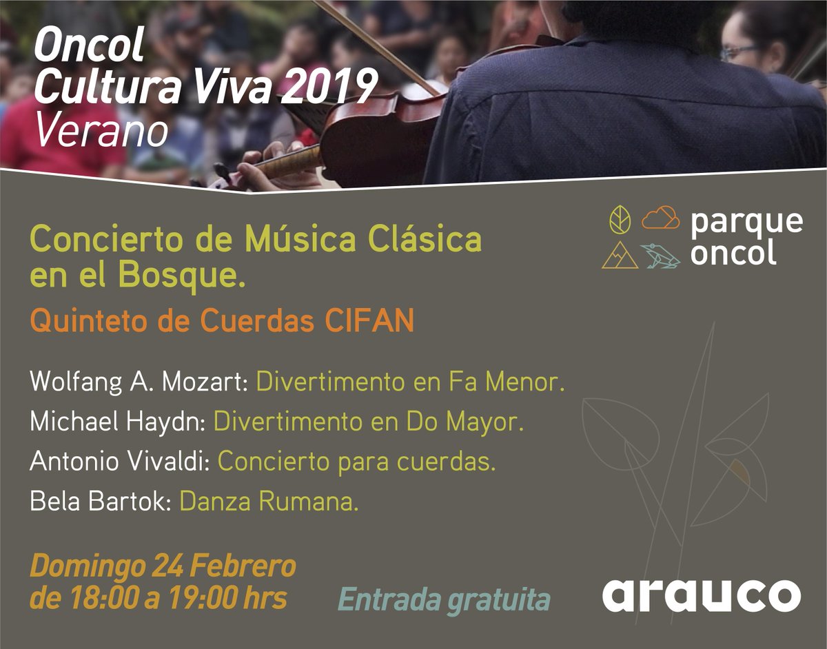 ¿Música y naturaleza? ❤️
Quinteto de cuerdas CIFAN se presenta este domingo 24 a partir de las 18 hrs en #ParqueOncol
No te pierdas una jornada única en medio de un escenario único 🌳🌿
Evento con entrada gratuita!

#ValdiviaCl #ViveVeranoenValdivia