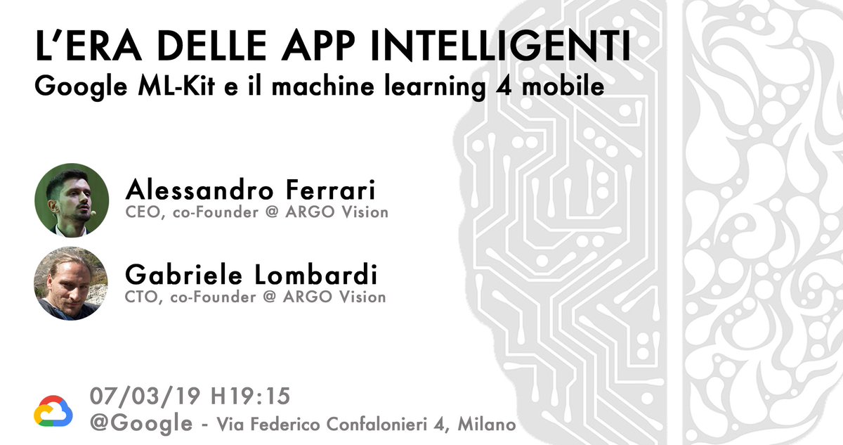 gcdcmilano's tweet photo. Invito al nostro prossimo evento:
 “L’era delle app intelligenti: Google ML-Kit e il machine learning 4 mobile” 🚀 con due speaker d’eccezione!

👉🏻 07 marzo alle 19.15 nella Arena Google

⚠️ Registrazione obbligatoria su eventbrite 👇🏻

https://t.co/TNkNexOA1N https://t.co/mZJirCZLta